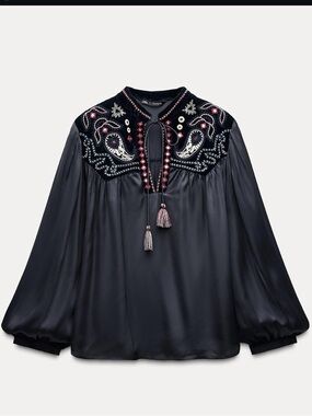 ASO TVD Zara Velvet Embroidered Blouse Navy Cat Deeley